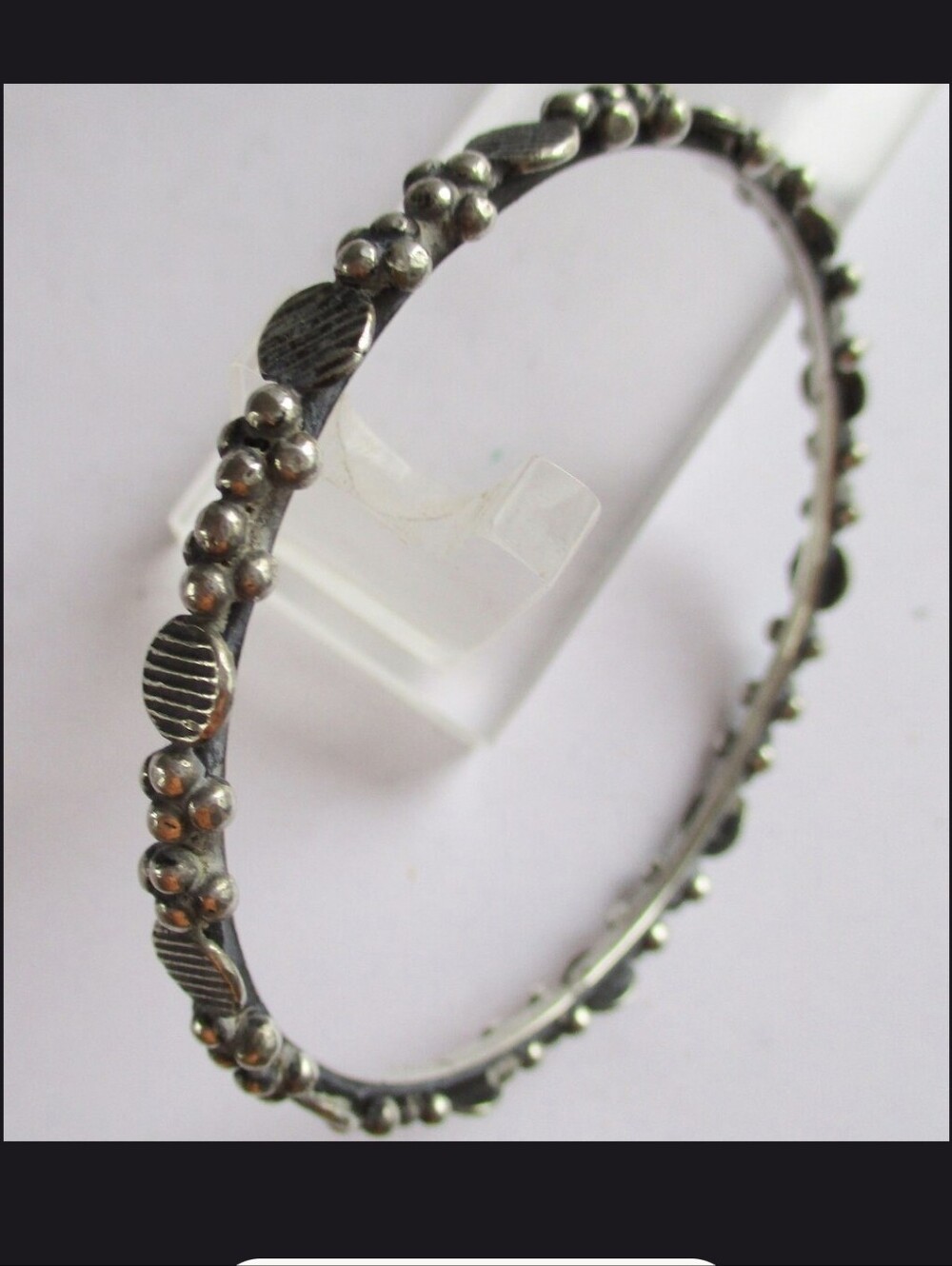 Tribal Silver Textured Beaded Bangle - Silver